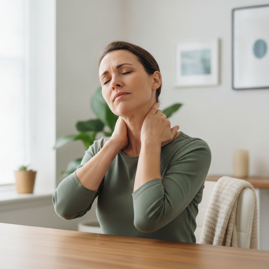 Persoon zit in een lichte ruimte en houdt voorzichtig de nek en schouders vast met een gespannen uitdrukking.
