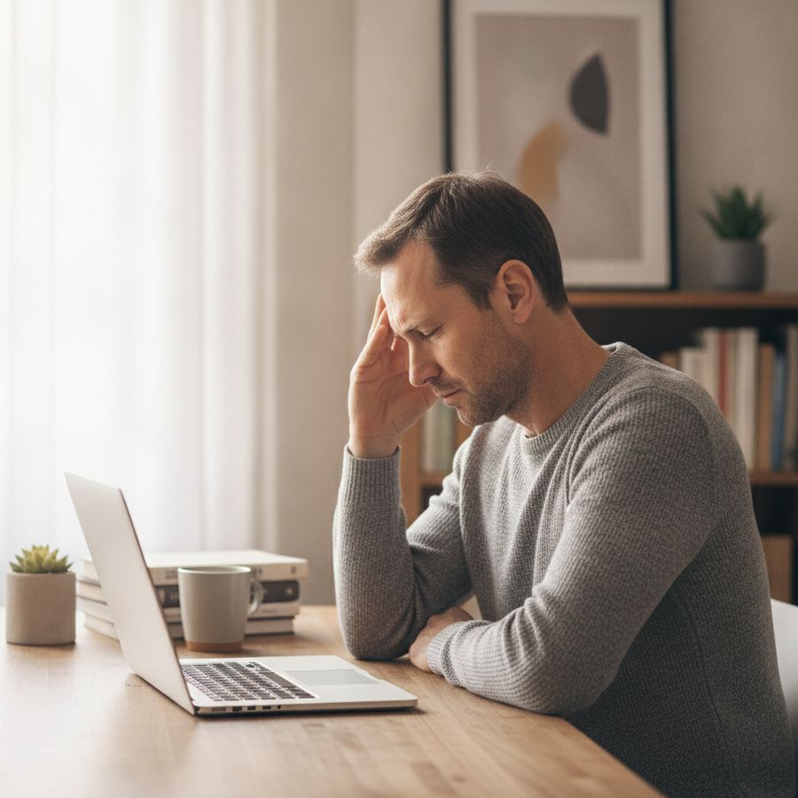 Persoon aan bureau masseert slapen terwijl nek en schouders zichtbaar gespannen zijn in daglicht.