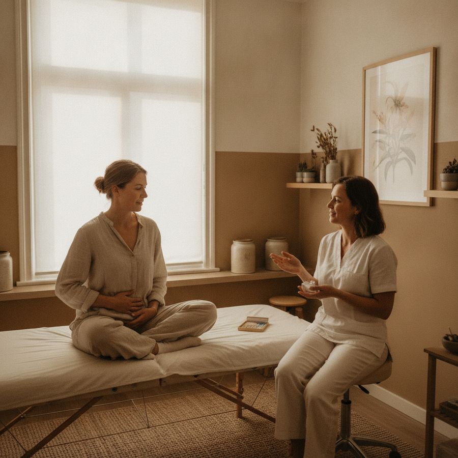 Rustige behandelruimte met cliënt en acupuncturist in gesprek, handen op de buik en warme sfeer.