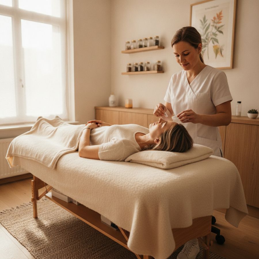 Rustige behandelkamer met een ontspannen volwassene op een behandeltafel en een acupuncturist ernaast.