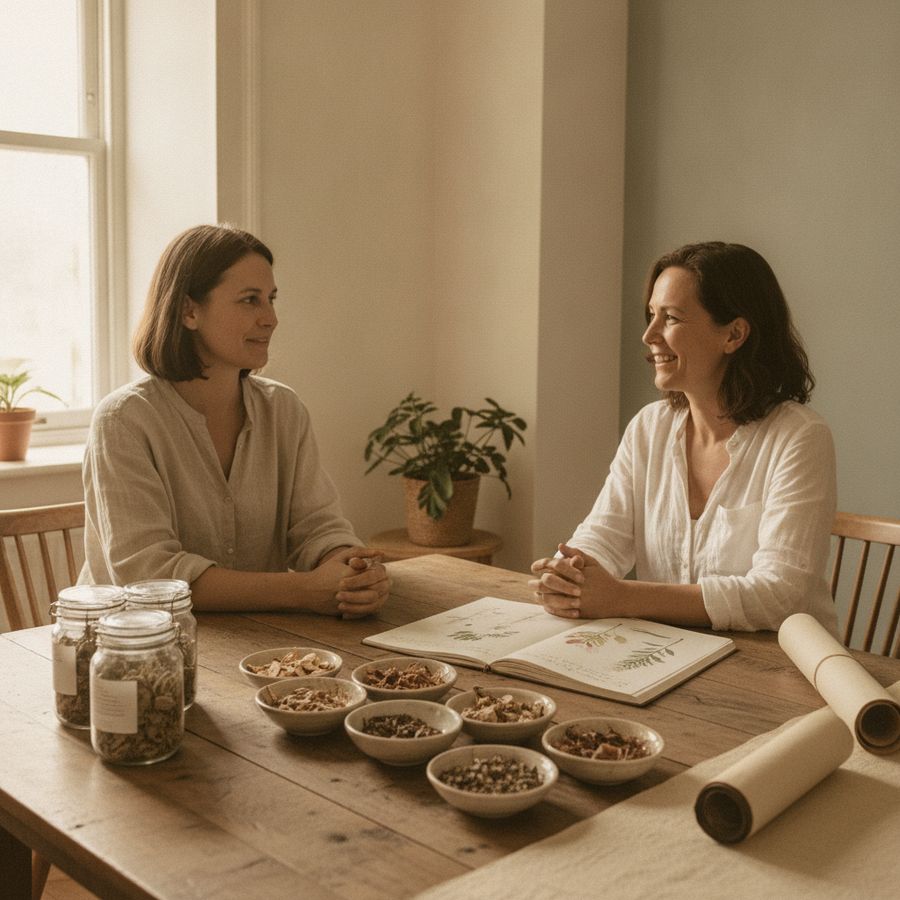 Rustige behandelkamer met kruidenpotjes op tafel en een gesprek tussen behandelaar en cliënt.
