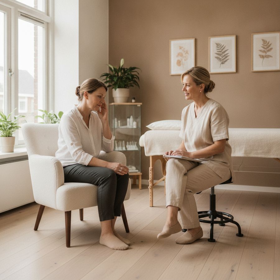 Vrouw met hoofdpijn in een rustige behandelruimte spreekt met een therapeut bij zacht daglicht.