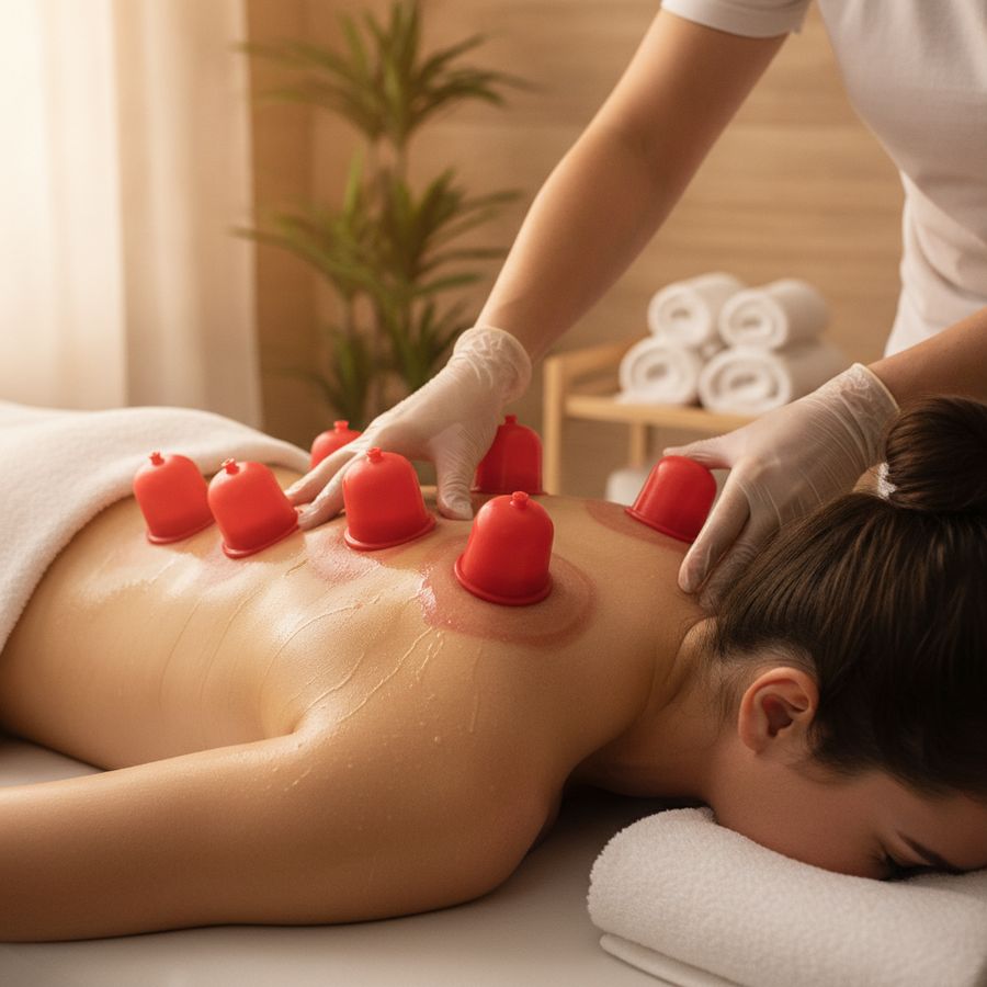 Cliënt krijgt cupping en massage op bovenrug en schouders in een rustige, warme behandelruimte.