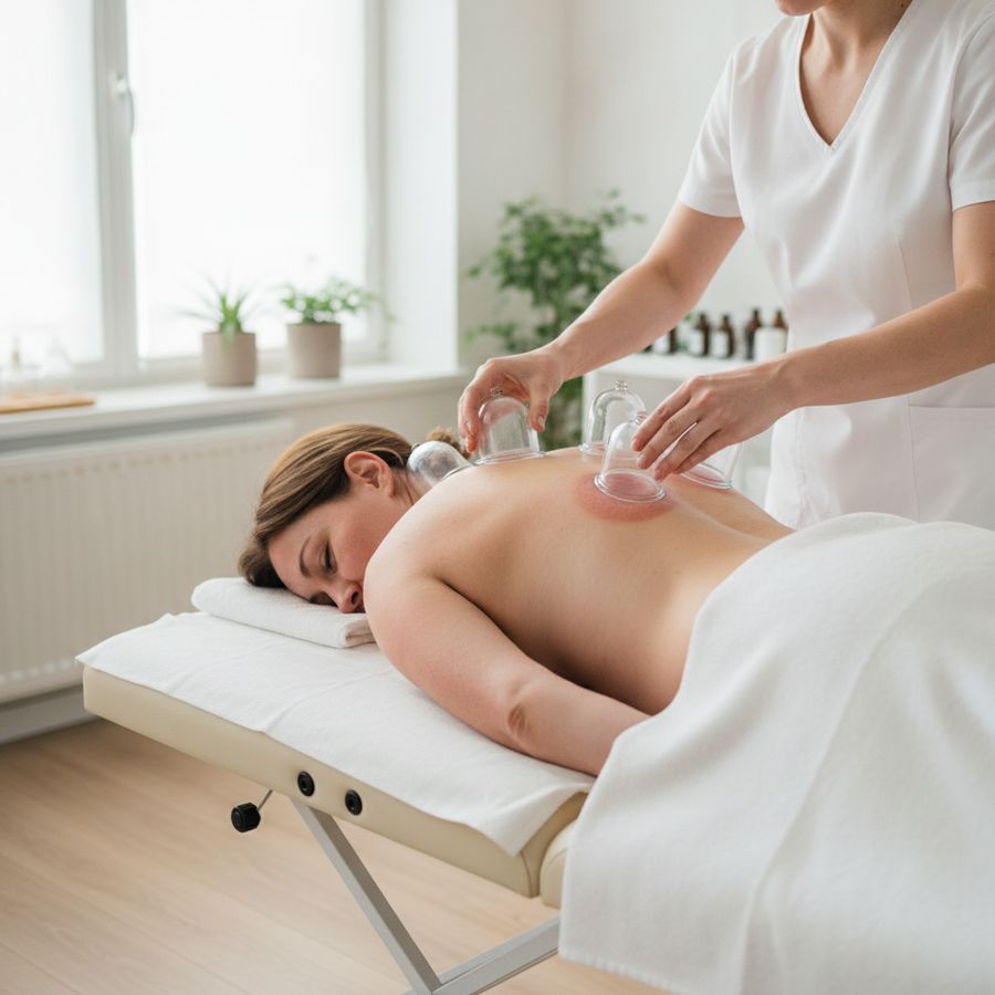 Cuppingbehandeling op schouders en bovenrug in een lichte, rustige praktijkruimte.