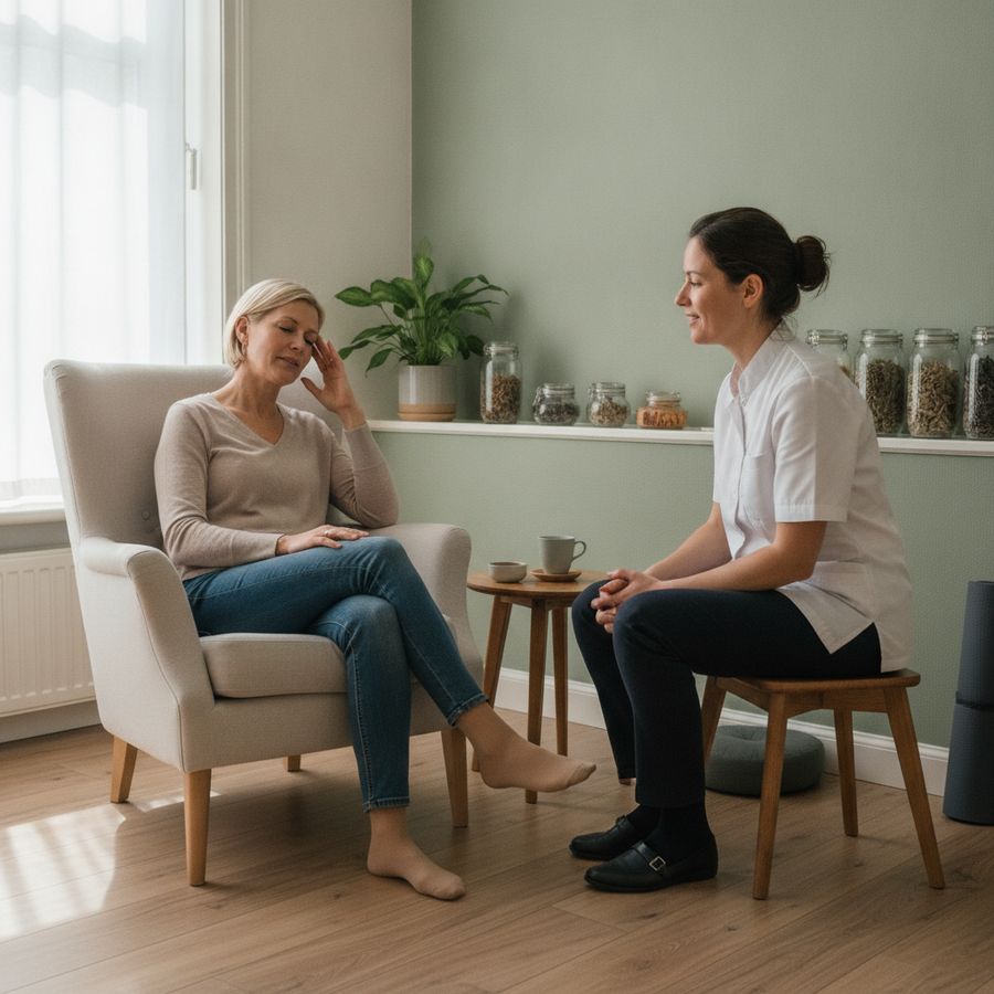 Vrouw met hand bij haar slaap in een rustige behandelruimte terwijl een therapeut luistert.