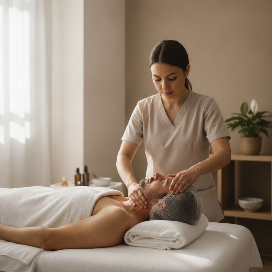 Behandelaar geeft gerichte massage op nek en schouders van een cliënt in een lichte, rustige praktijkruimte.